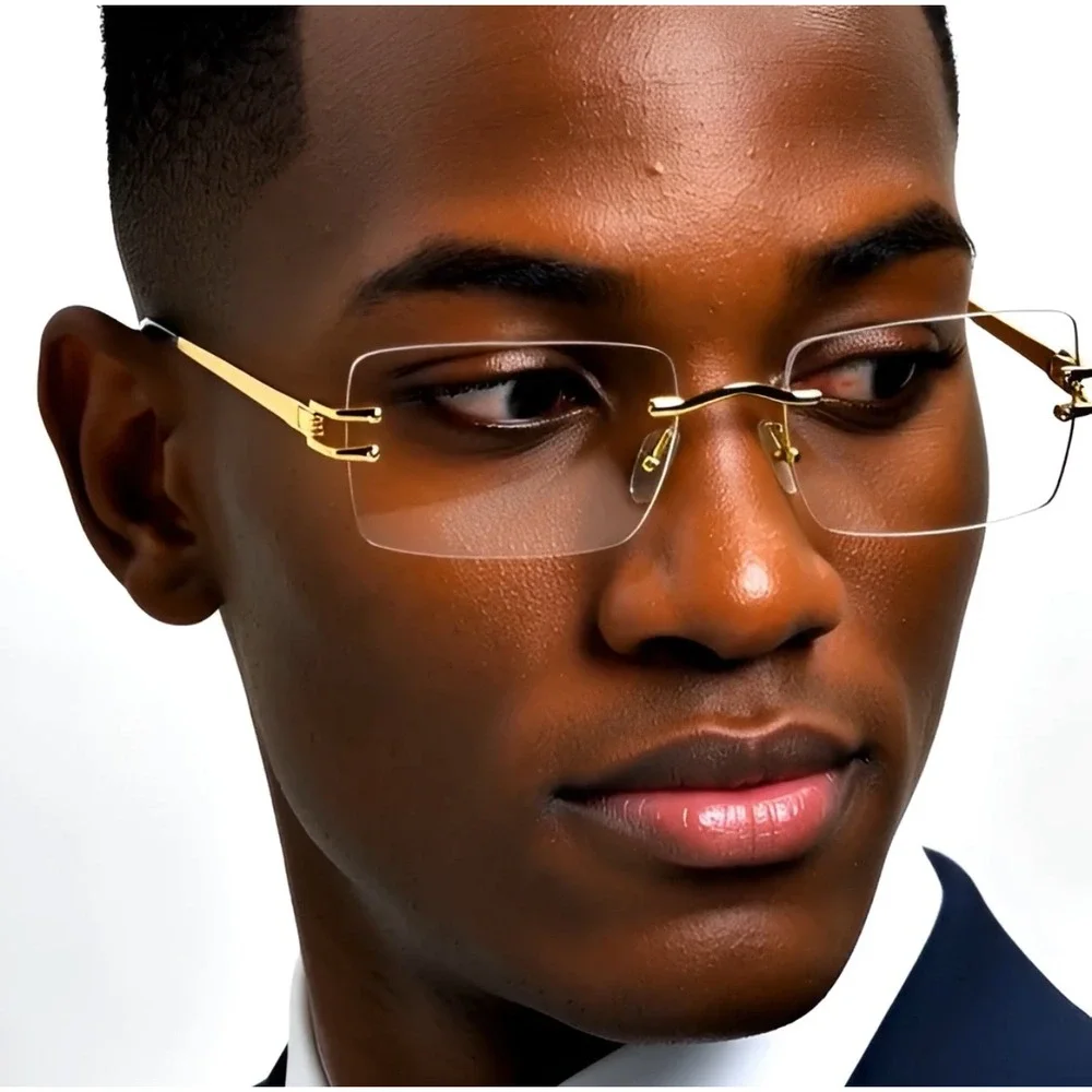 Rimless‎ Rectangle Gold Frame Clear Lens Fashion Sunglasses Hip Hop Eyeglasses